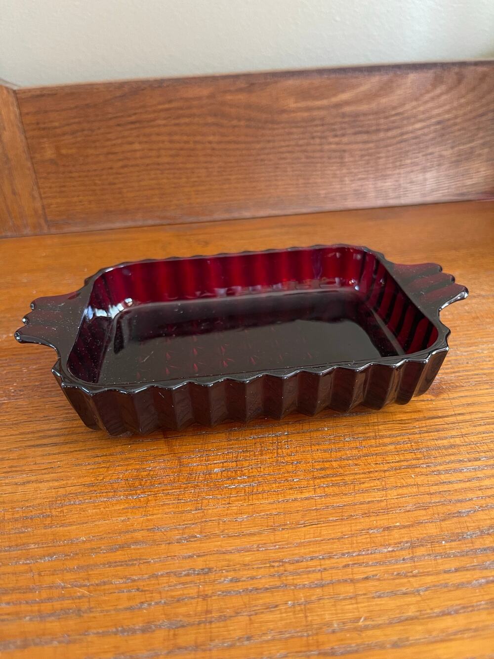 Vintage Anchor Hocking Ruby Red Diamond Cut Glass Vanity / Desk Trinket Tray